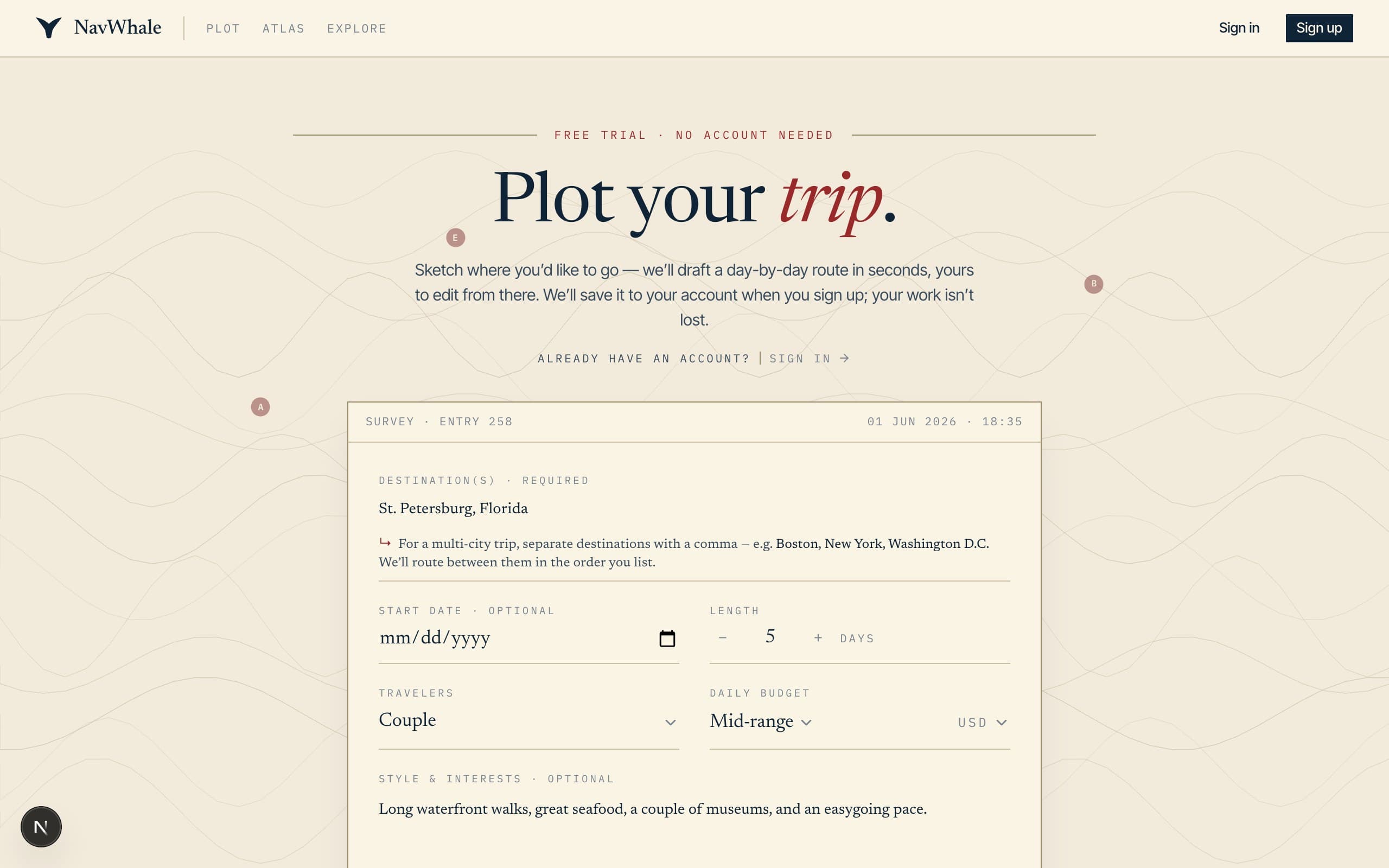 The NavWhale trip composer with destination, dates, travelers, budget, and a style note filled in.