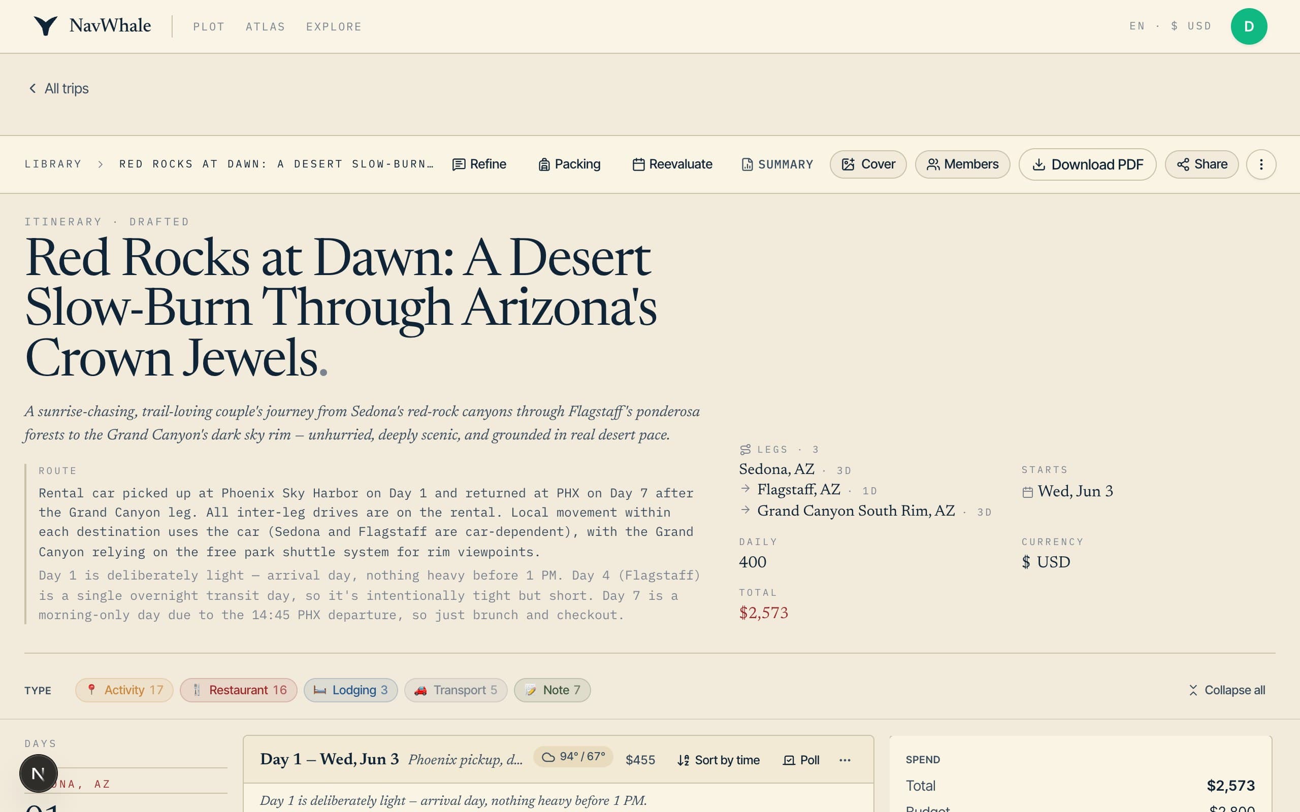 A generated NavWhale itinerary showing the trip title, route, daily budget, and the first day's plan.