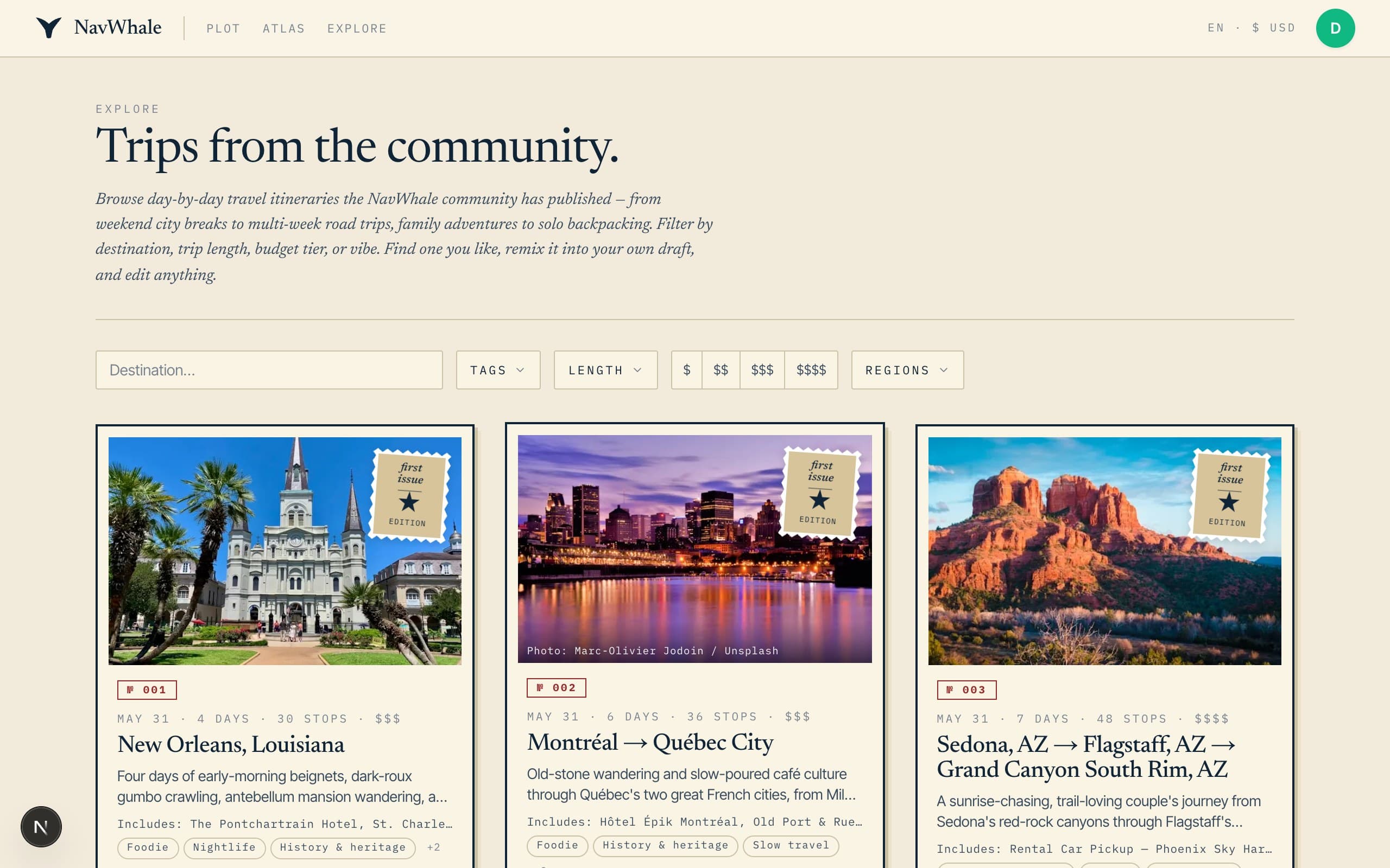 The NavWhale community Explore gallery showing published trips you can browse and remix.